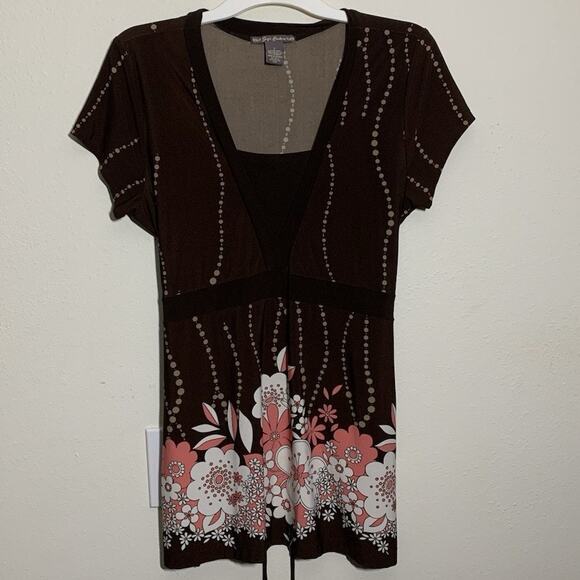 Suzie Couture Y2k Top L Floral Boho Tie Back Retro Coquette Tunic Brown Pink - Picture 3 of 6